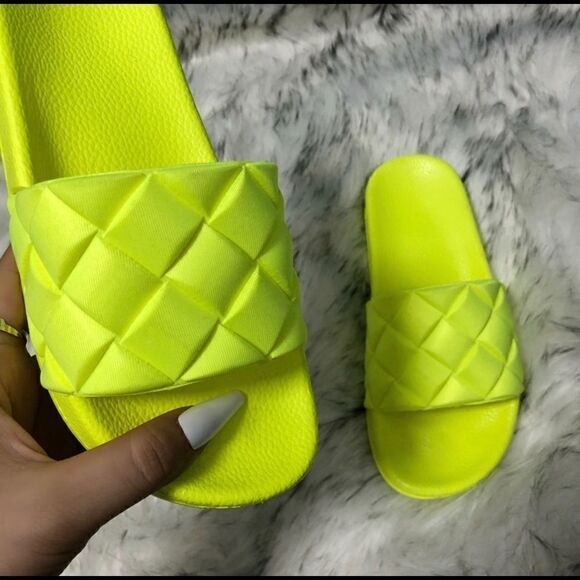 Neon yellow Rhombi Sandals Slides - Picture 1 of 5